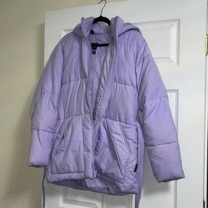 purple puffer jacket